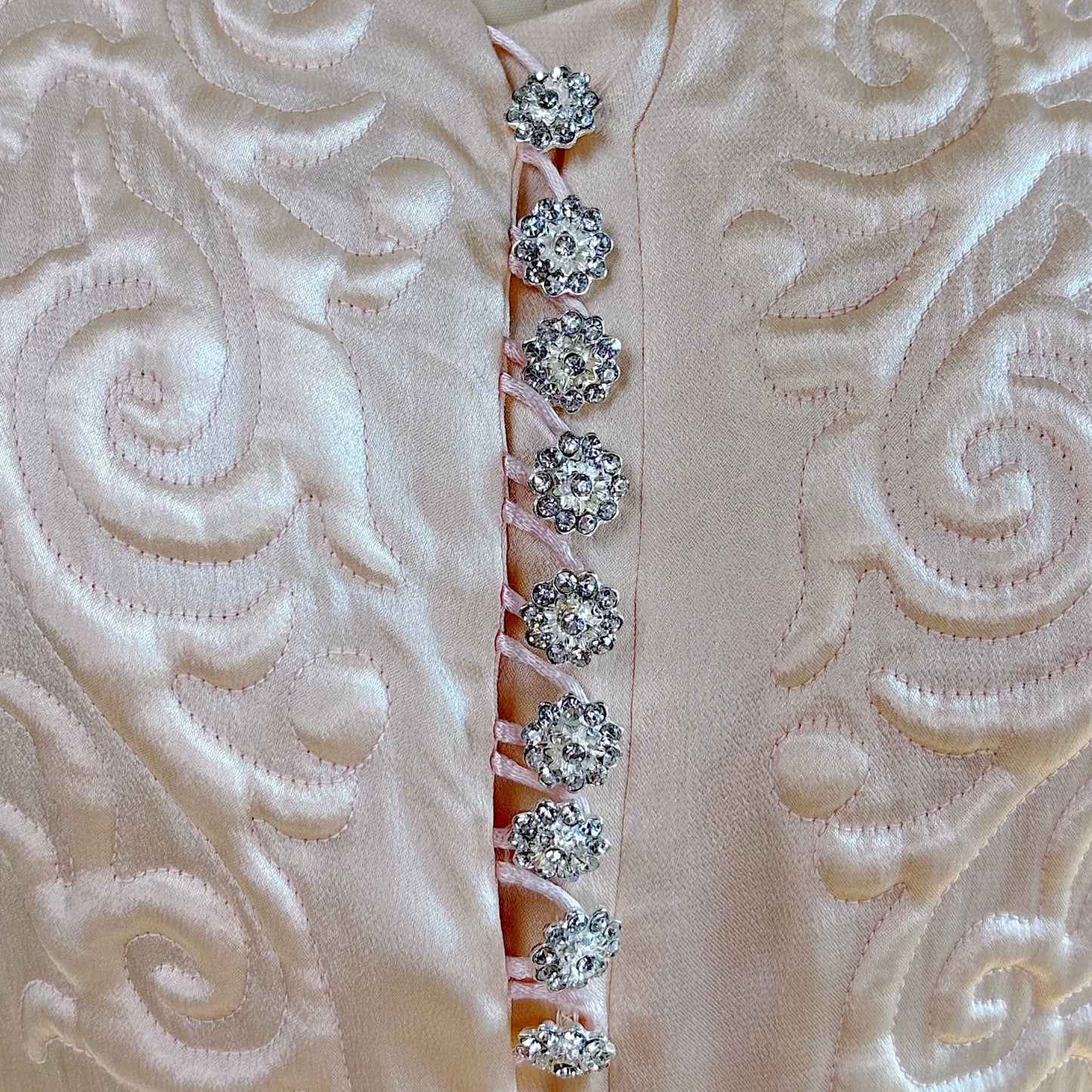 Vintage 1940's Robe - Champagne Crepe - Back Rayon Satin with Trapunto Embroidery & Rhinestone Buttons - Daggers & Dames