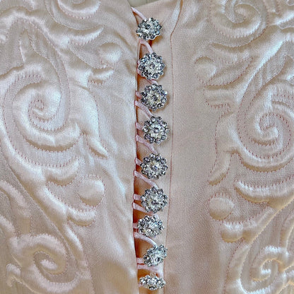 Vintage 1940's Robe - Champagne Crepe - Back Rayon Satin with Trapunto Embroidery & Rhinestone Buttons - Daggers & Dames