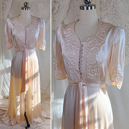 Vintage 1940's Robe - Champagne Crepe - Back Rayon Satin with Trapunto Embroidery & Rhinestone Buttons - Daggers & Dames