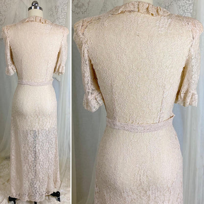 Vintage 1940's Robe - Pale Bronze Floral Rayon Lace with Ruffled Yoke & Sleeves - Size XS, S - By Taylor Mode - Daggers & Dames