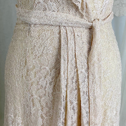Vintage 1940's Robe - Pale Bronze Floral Rayon Lace with Ruffled Yoke & Sleeves - Size XS, S - By Taylor Mode - Daggers & Dames