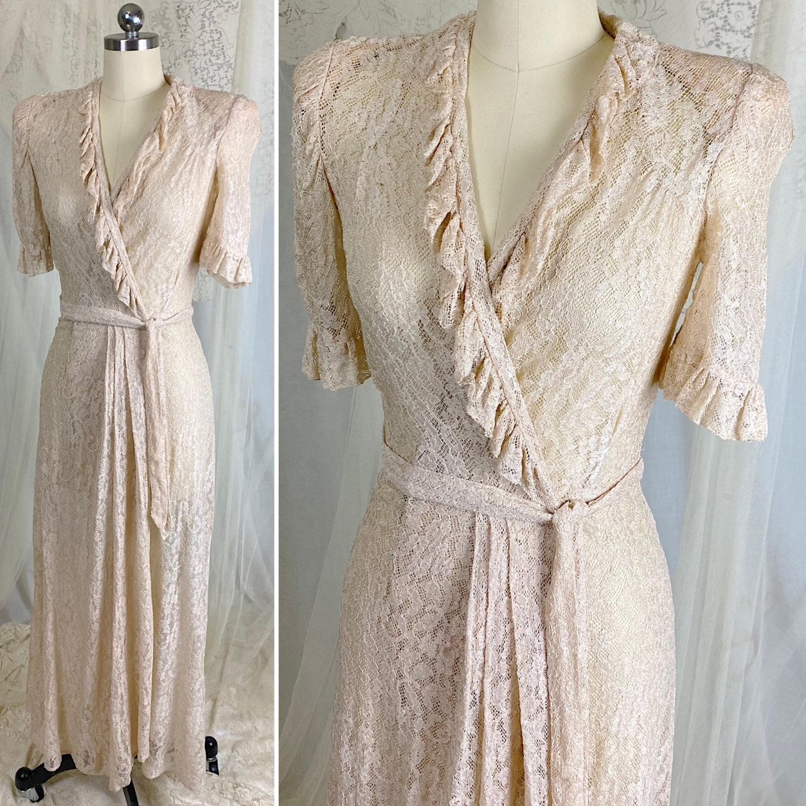 Vintage 1940's Robe - Pale Bronze Floral Rayon Lace with Ruffled Yoke & Sleeves - Size XS, S - By Taylor Mode - Daggers & Dames