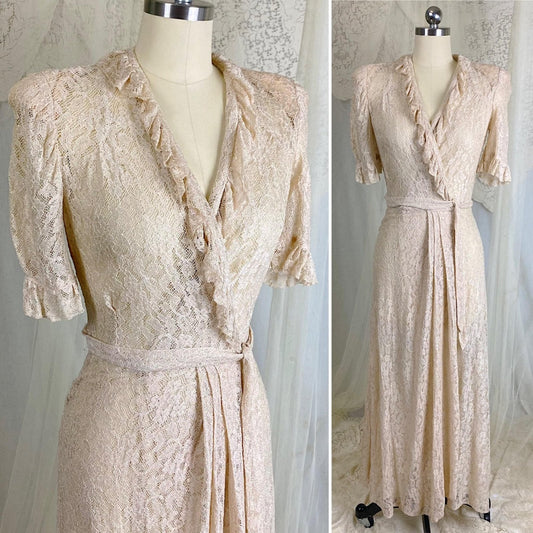 Vintage 1940's Robe - Pale Bronze Floral Rayon Lace with Ruffled Yoke & Sleeves - Size XS, S - By Taylor Mode - Daggers & Dames