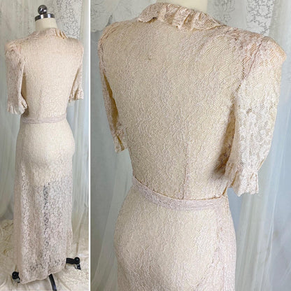 Vintage 1940's Robe - Pale Bronze Floral Rayon Lace with Ruffled Yoke & Sleeves - Size XS, S - By Taylor Mode - Daggers & Dames