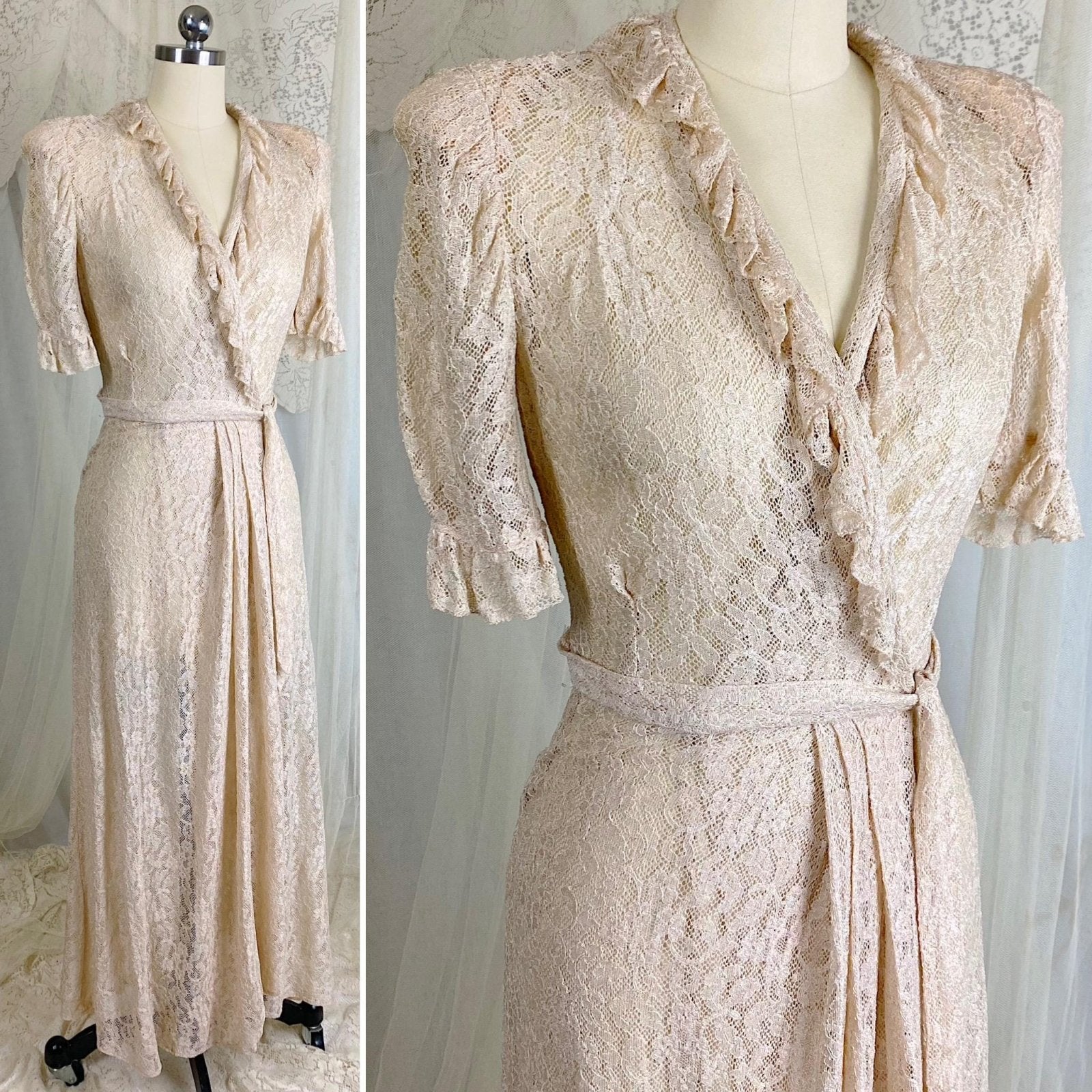 Vintage 1940's Robe - Pale Bronze Floral Rayon Lace with Ruffled Yoke & Sleeves - Size XS, S - By Taylor Mode - Daggers & Dames