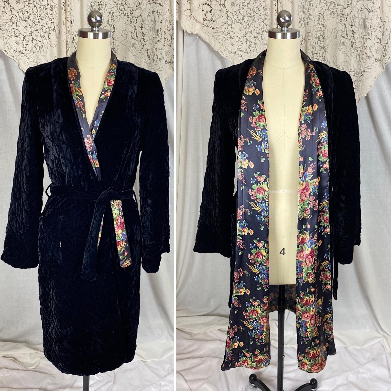 Vintage 1940's Robe | Quilted Black Velvet with Floral Print Indigo Rayon Satin Lining | Size S, M - Daggers & Dames