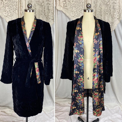 Vintage 1940's Robe | Quilted Black Velvet with Floral Print Indigo Rayon Satin Lining | Size S, M - Daggers & Dames