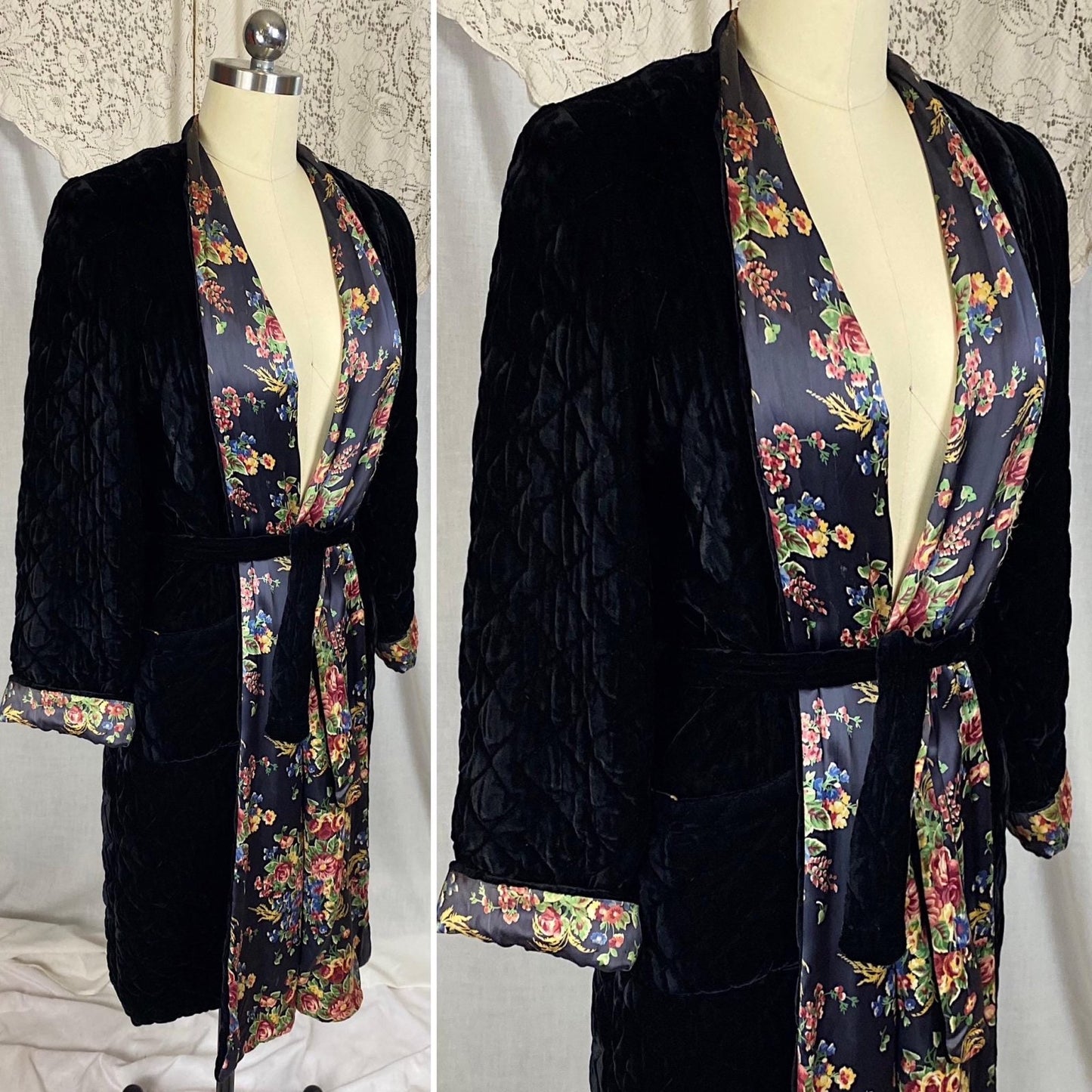 Vintage 1940's Robe | Quilted Black Velvet with Floral Print Indigo Rayon Satin Lining | Size S, M - Daggers & Dames
