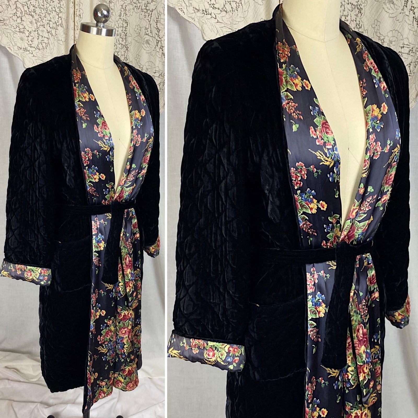 Vintage 1940's Robe | Quilted Black Velvet with Floral Print Indigo Rayon Satin Lining | Size S, M - Daggers & Dames