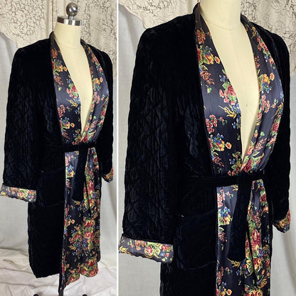 Vintage 1940's Robe | Quilted Black Velvet with Floral Print Indigo Rayon Satin Lining | Size S, M - Daggers & Dames