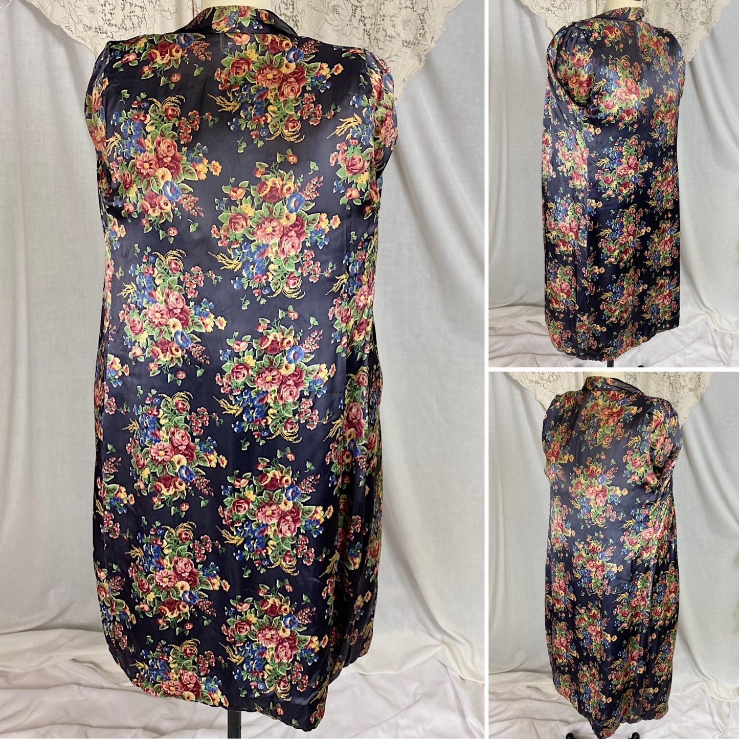 Vintage 1940's Robe | Quilted Black Velvet with Floral Print Indigo Rayon Satin Lining | Size S, M - Daggers & Dames