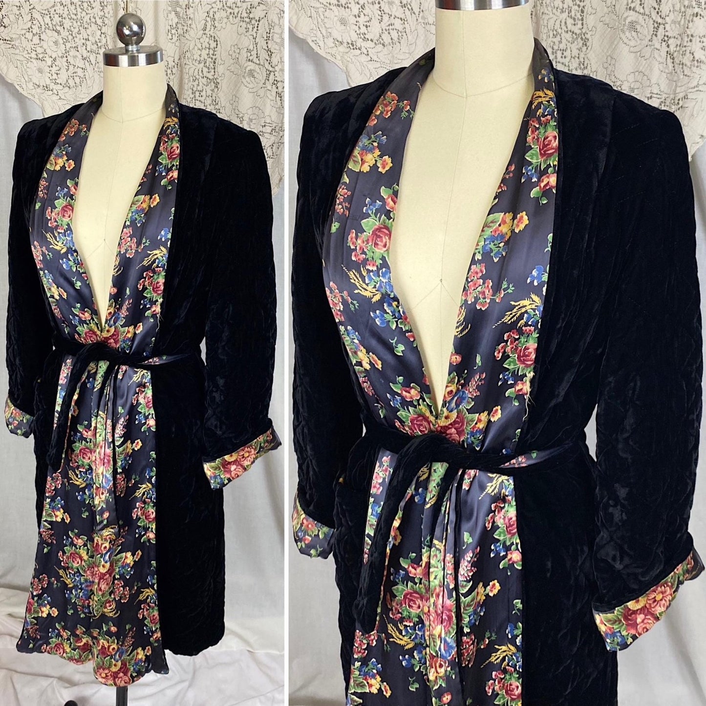 Vintage 1940's Robe | Quilted Black Velvet with Floral Print Indigo Rayon Satin Lining | Size S, M - Daggers & Dames
