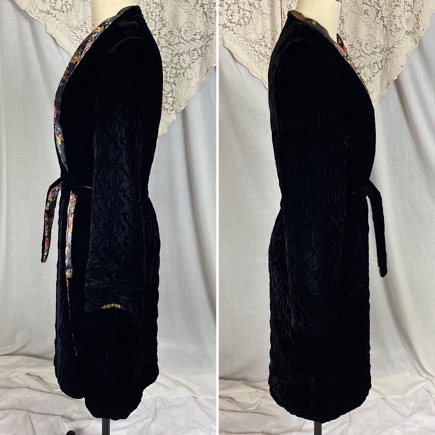 Vintage 1940's Robe | Quilted Black Velvet with Floral Print Indigo Rayon Satin Lining | Size S, M - Daggers & Dames