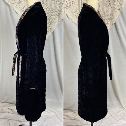 Vintage 1940's Robe | Quilted Black Velvet with Floral Print Indigo Rayon Satin Lining | Size S, M - Daggers & Dames