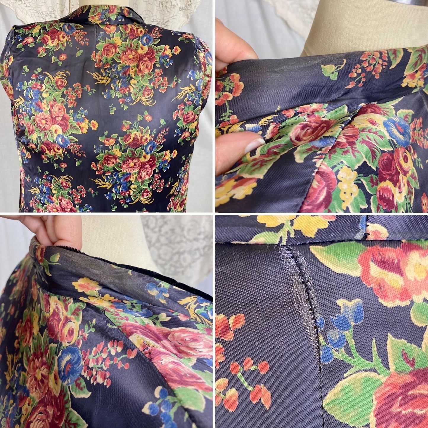 Vintage 1940's Robe | Quilted Black Velvet with Floral Print Indigo Rayon Satin Lining | Size S, M - Daggers & Dames