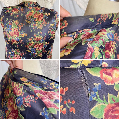 Vintage 1940's Robe | Quilted Black Velvet with Floral Print Indigo Rayon Satin Lining | Size S, M - Daggers & Dames