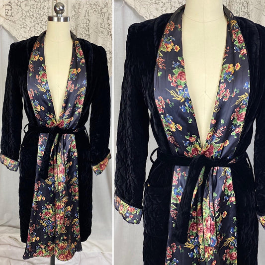 Vintage 1940's Robe | Quilted Black Velvet with Floral Print Indigo Rayon Satin Lining | Size S, M - Daggers & Dames