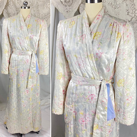 Vintage 1940's Robe | Quilted White Rayon Satin with Bright Floral Print | Size S, M - Daggers & Dames