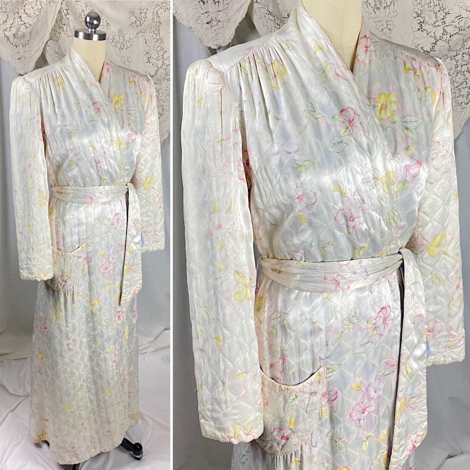 Vintage 1940's Robe | Quilted White Rayon Satin with Bright Floral Print | Size S, M - Daggers & Dames