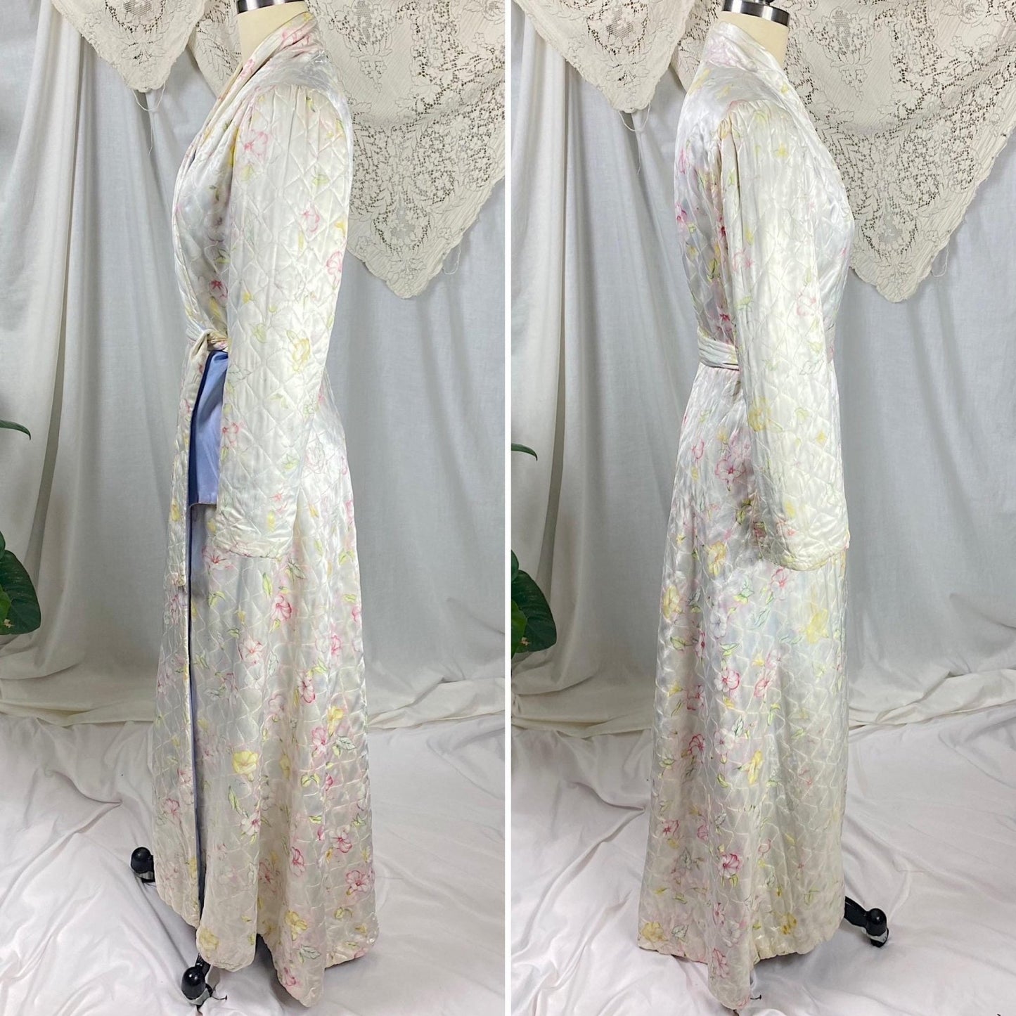 Vintage 1940's Robe | Quilted White Rayon Satin with Bright Floral Print | Size S, M - Daggers & Dames