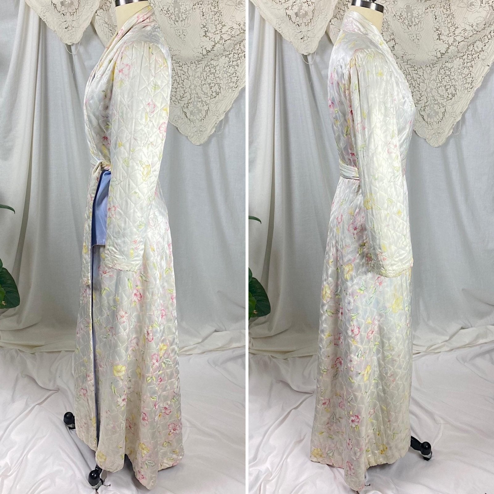 Vintage 1940's Robe | Quilted White Rayon Satin with Bright Floral Print | Size S, M - Daggers & Dames