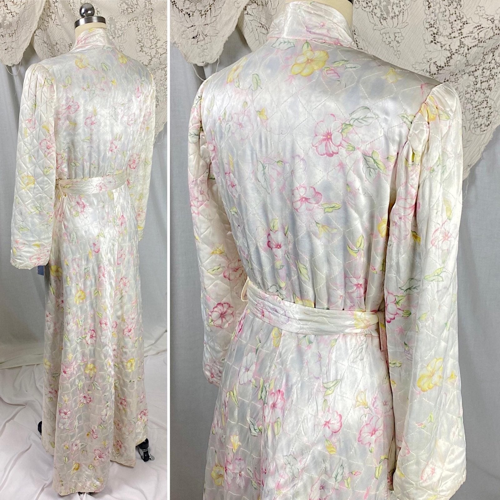 Vintage 1940's Robe | Quilted White Rayon Satin with Bright Floral Print | Size S, M - Daggers & Dames