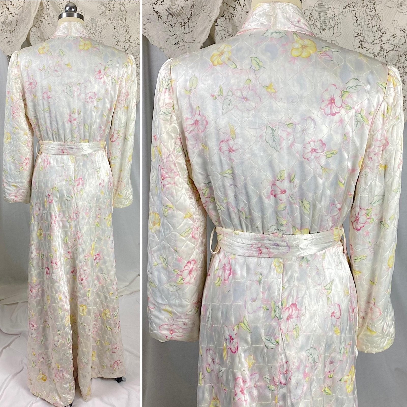 Vintage 1940's Robe | Quilted White Rayon Satin with Bright Floral Print | Size S, M - Daggers & Dames