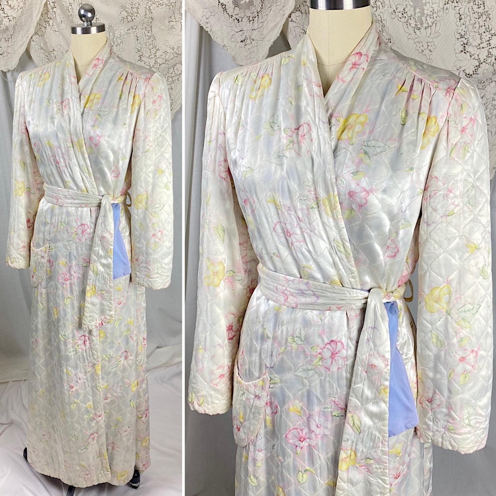 Vintage 1940's Robe | Quilted White Rayon Satin with Bright Floral Print | Size S, M - Daggers & Dames