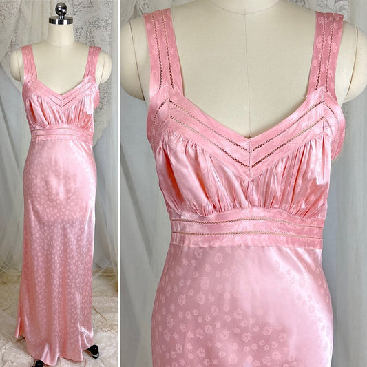 Vintage 1940's Rose Pink Rayon Satin Nightgown with Floral Ghost Print & Fagotted Seams - Size S, M - Daggers & Dames