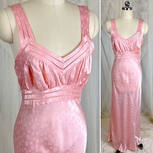 Vintage 1940's Rose Pink Rayon Satin Nightgown with Floral Ghost Print & Fagotted Seams - Size S, M - Daggers & Dames