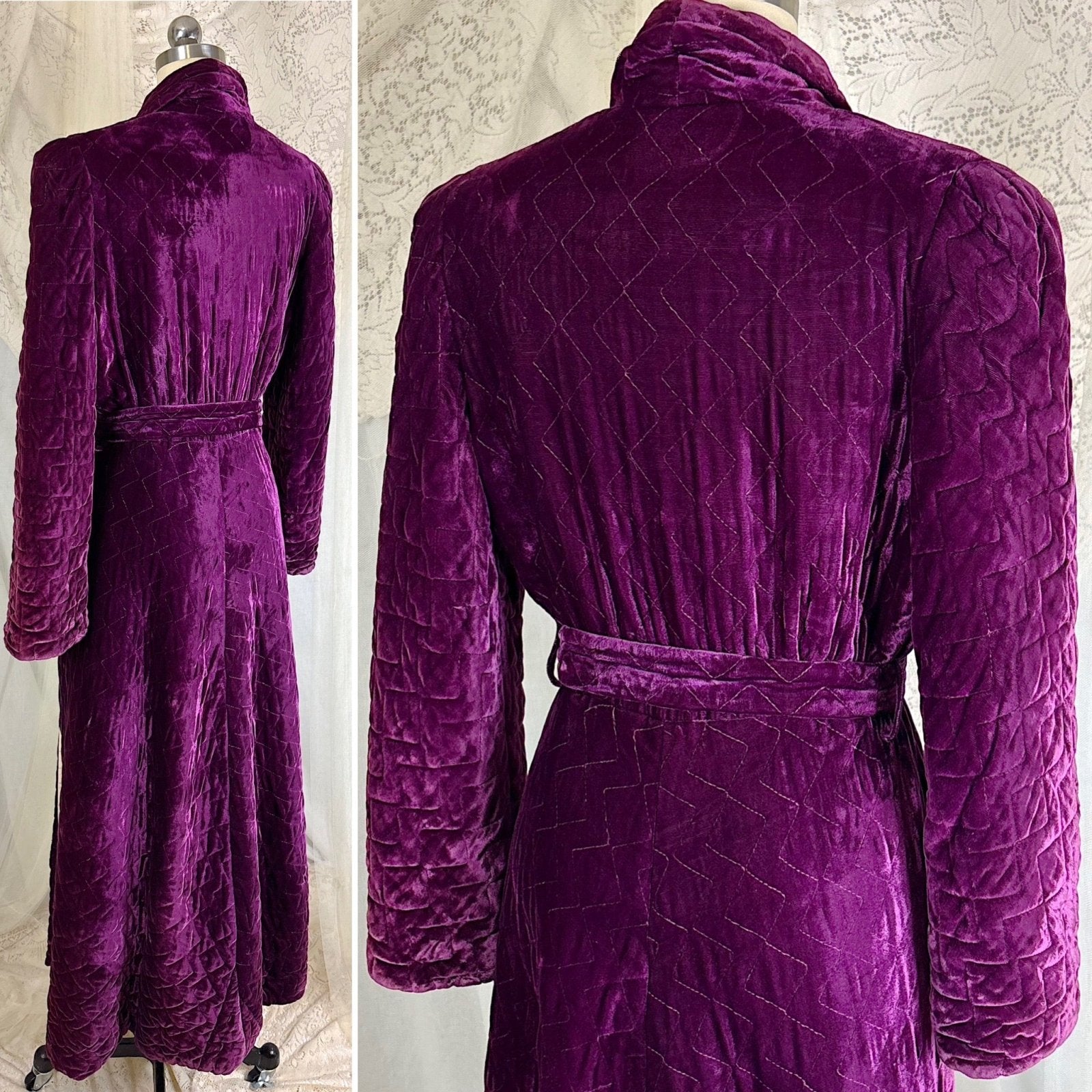 Vintage 1940's Royal Purple Quilted Velvet Robe - By Najla of Hollywood, Size S, M - Daggers & Dames