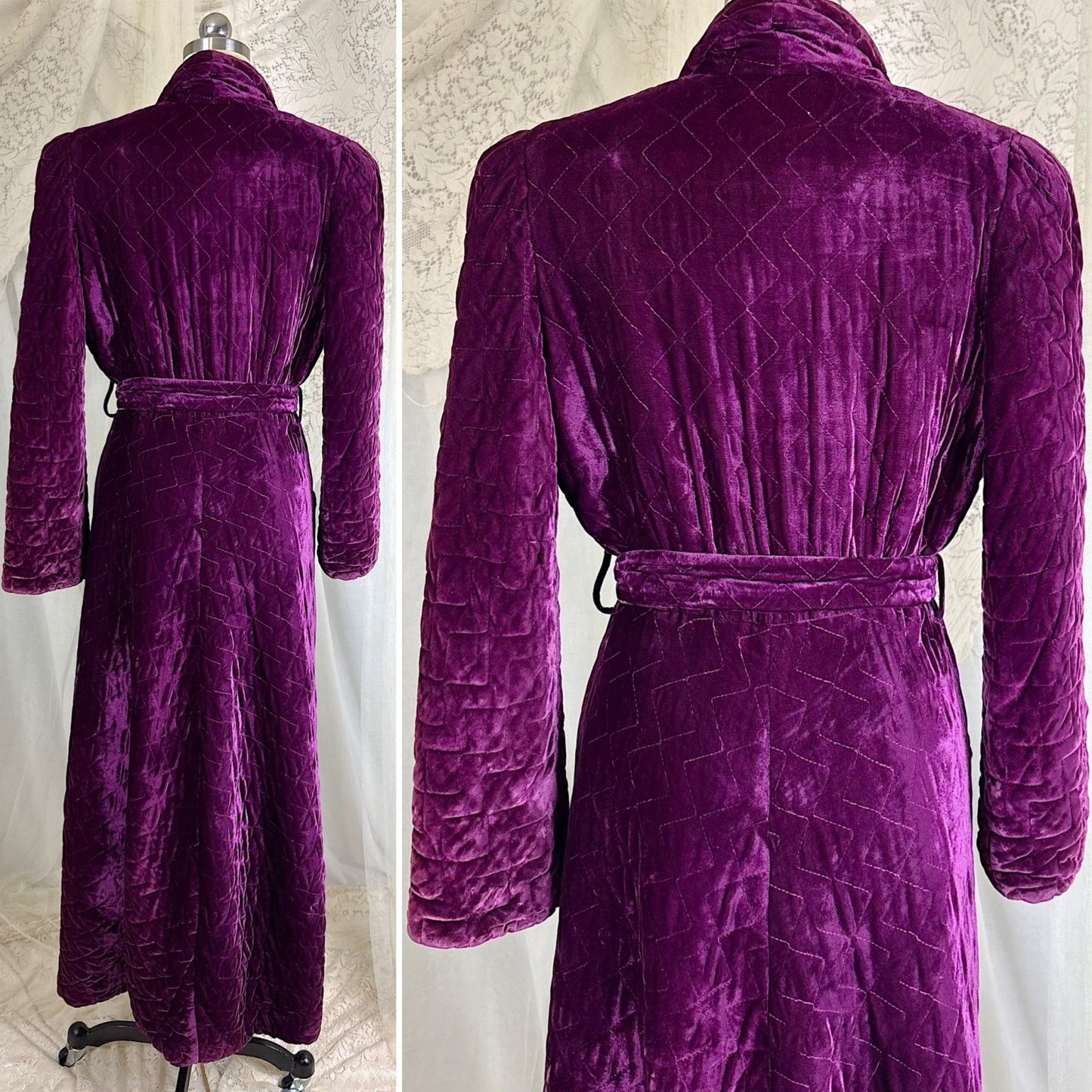 Vintage 1940's Royal Purple Quilted Velvet Robe - By Najla of Hollywood, Size S, M - Daggers & Dames
