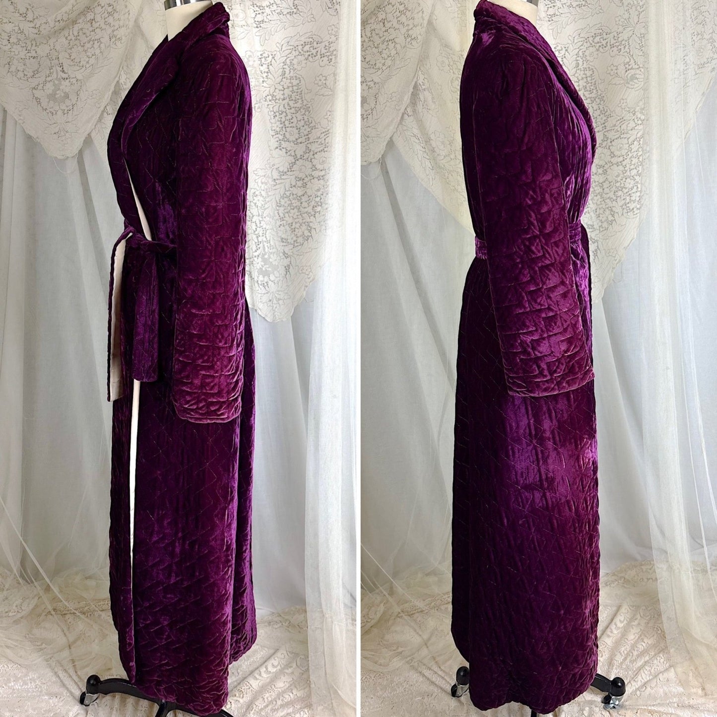 Vintage 1940's Royal Purple Quilted Velvet Robe - By Najla of Hollywood, Size S, M - Daggers & Dames