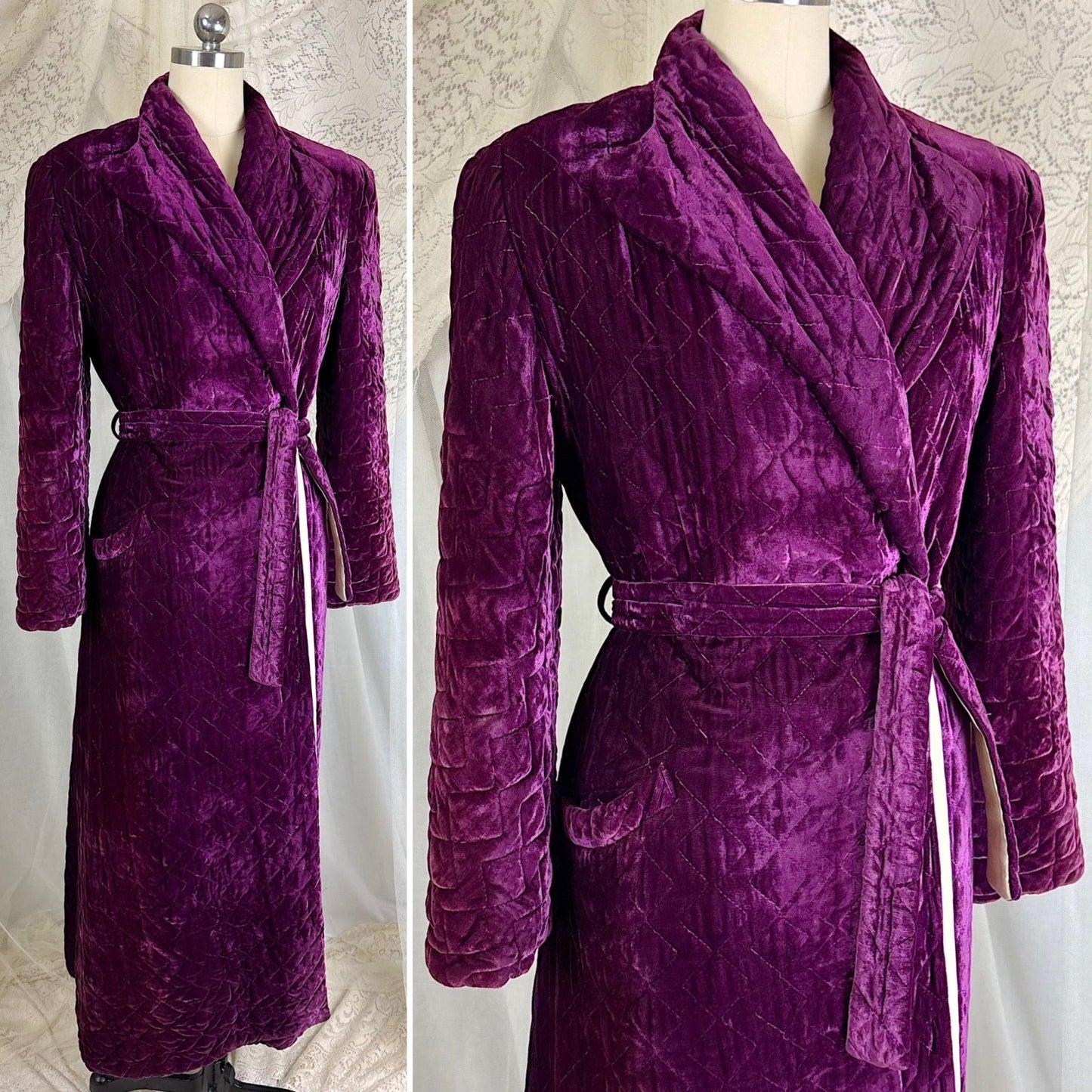 Vintage 1940's Royal Purple Quilted Velvet Robe - By Najla of Hollywood, Size S, M - Daggers & Dames