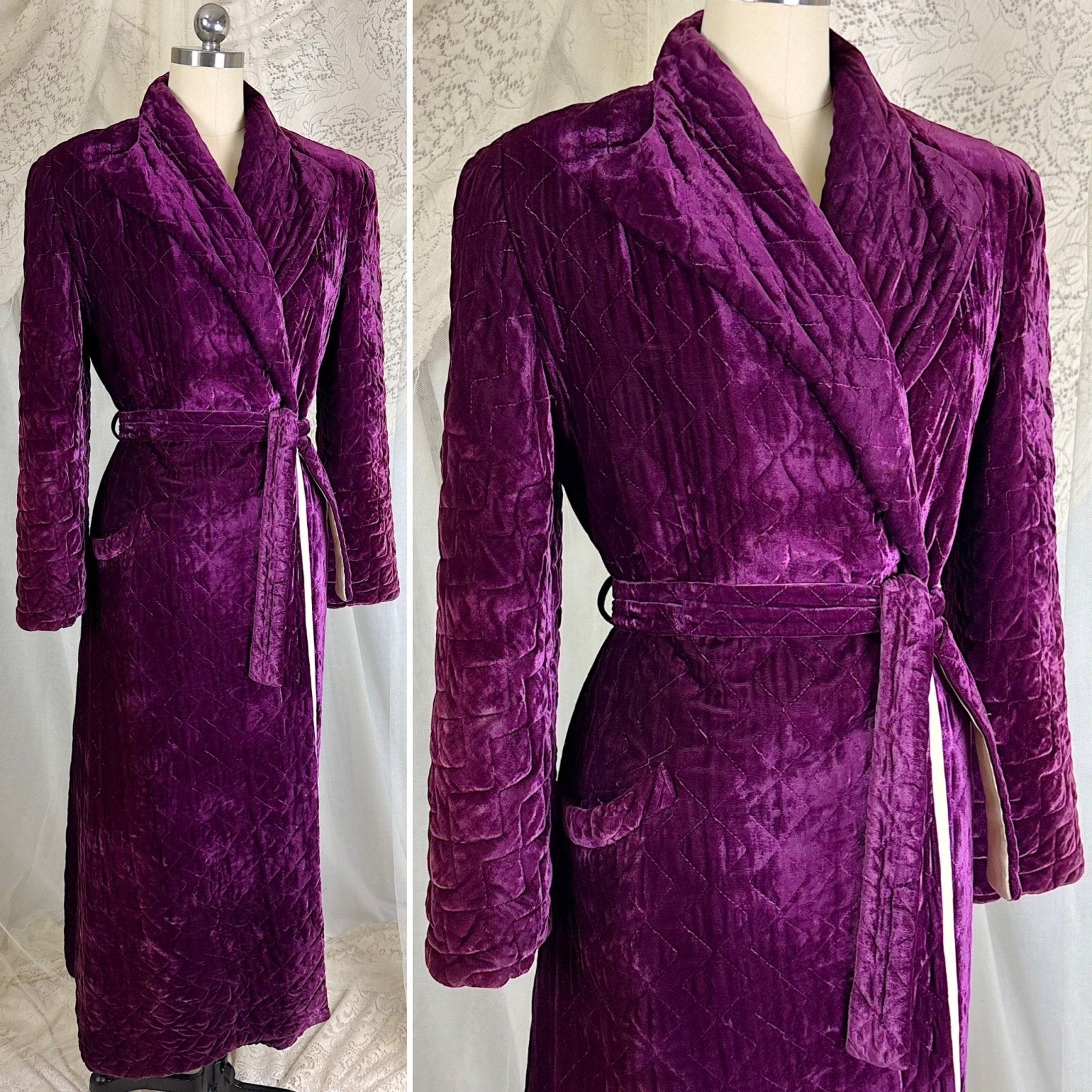 Vintage 1940's Royal Purple Quilted Velvet Robe - By Najla of Hollywood, Size S, M - Daggers & Dames