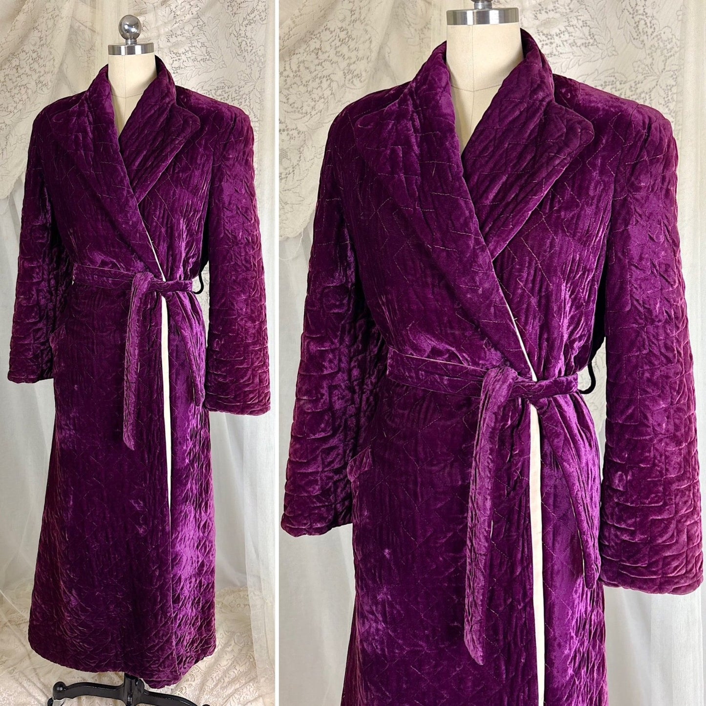 Vintage 1940's Royal Purple Quilted Velvet Robe - By Najla of Hollywood, Size S, M - Daggers & Dames