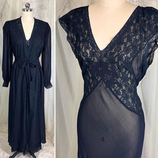 Vintage 1940's Sheer Black Rayon Chiffon Nightgown & Peignoir Set with Cotton Lace - Size S, M - Daggers & Dames