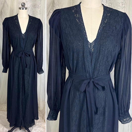Vintage 1940's Sheer Black Rayon Chiffon Nightgown & Peignoir Set with Cotton Lace - Size S, M - Daggers & Dames