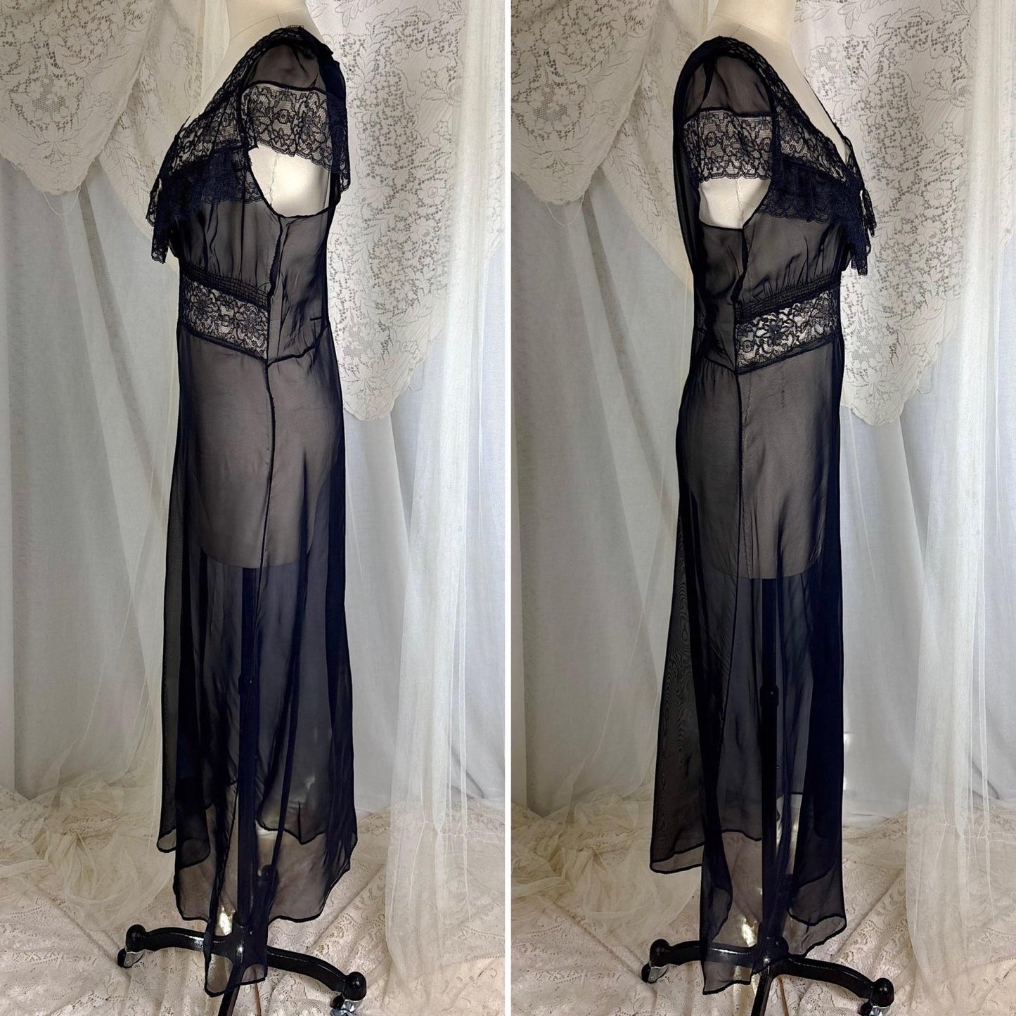 Vintage 1940's Sheer Black Rayon Chiffon Nightgown with Lace - Never Worn, Size S, M - Daggers & Dames