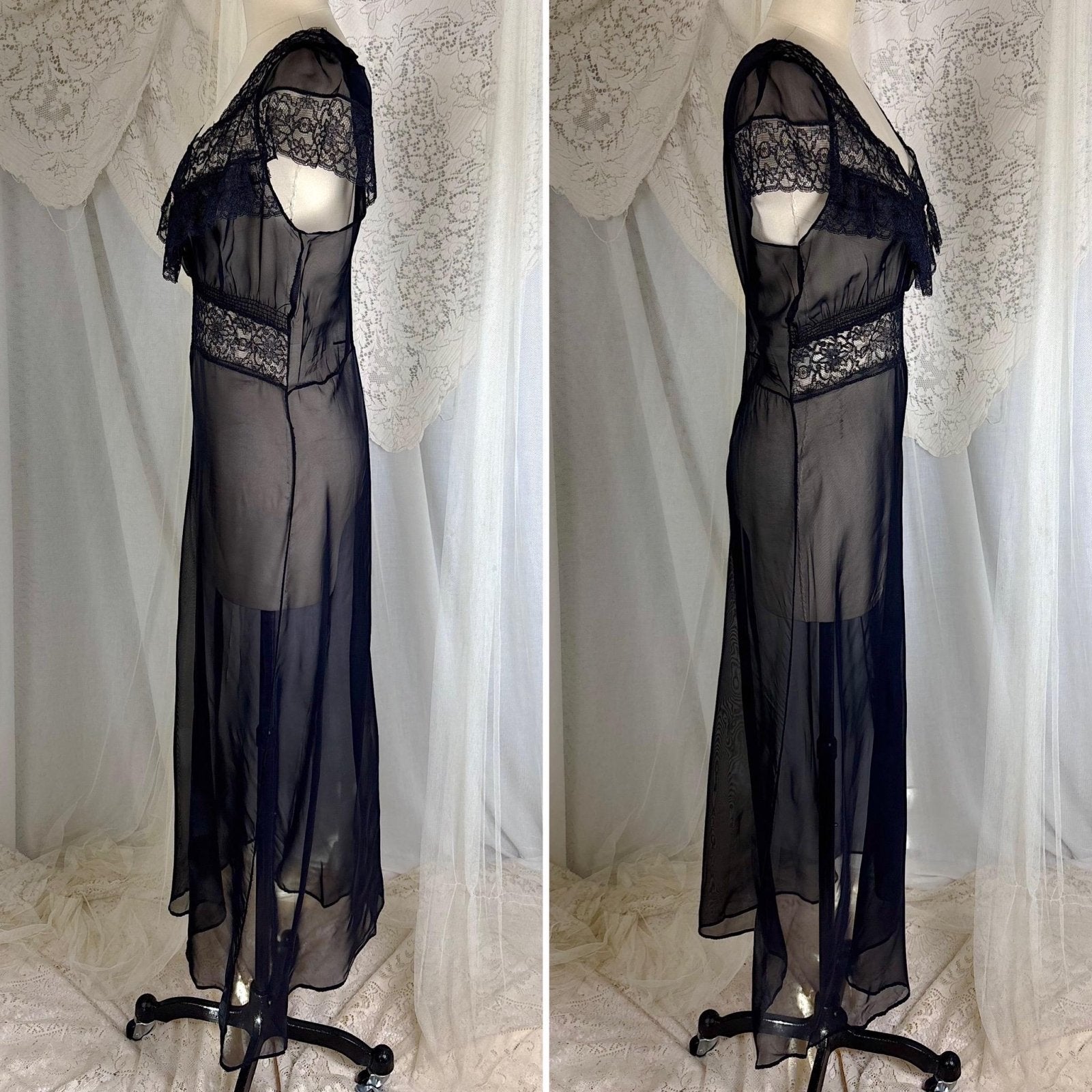 Vintage 1940's Sheer Black Rayon Chiffon Nightgown with Lace - Never Worn, Size S, M - Daggers & Dames