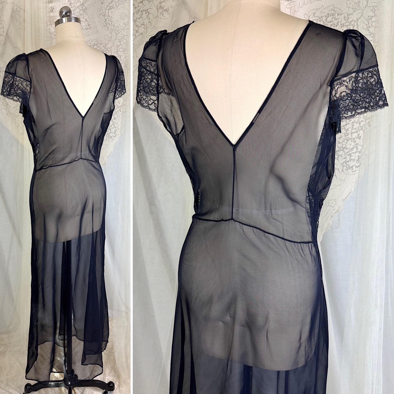 Vintage 1940's Sheer Black Rayon Chiffon Nightgown with Lace - Never Worn, Size S, M - Daggers & Dames