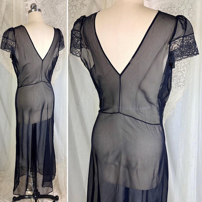 Vintage 1940's Sheer Black Rayon Chiffon Nightgown with Lace - Never Worn, Size S, M - Daggers & Dames