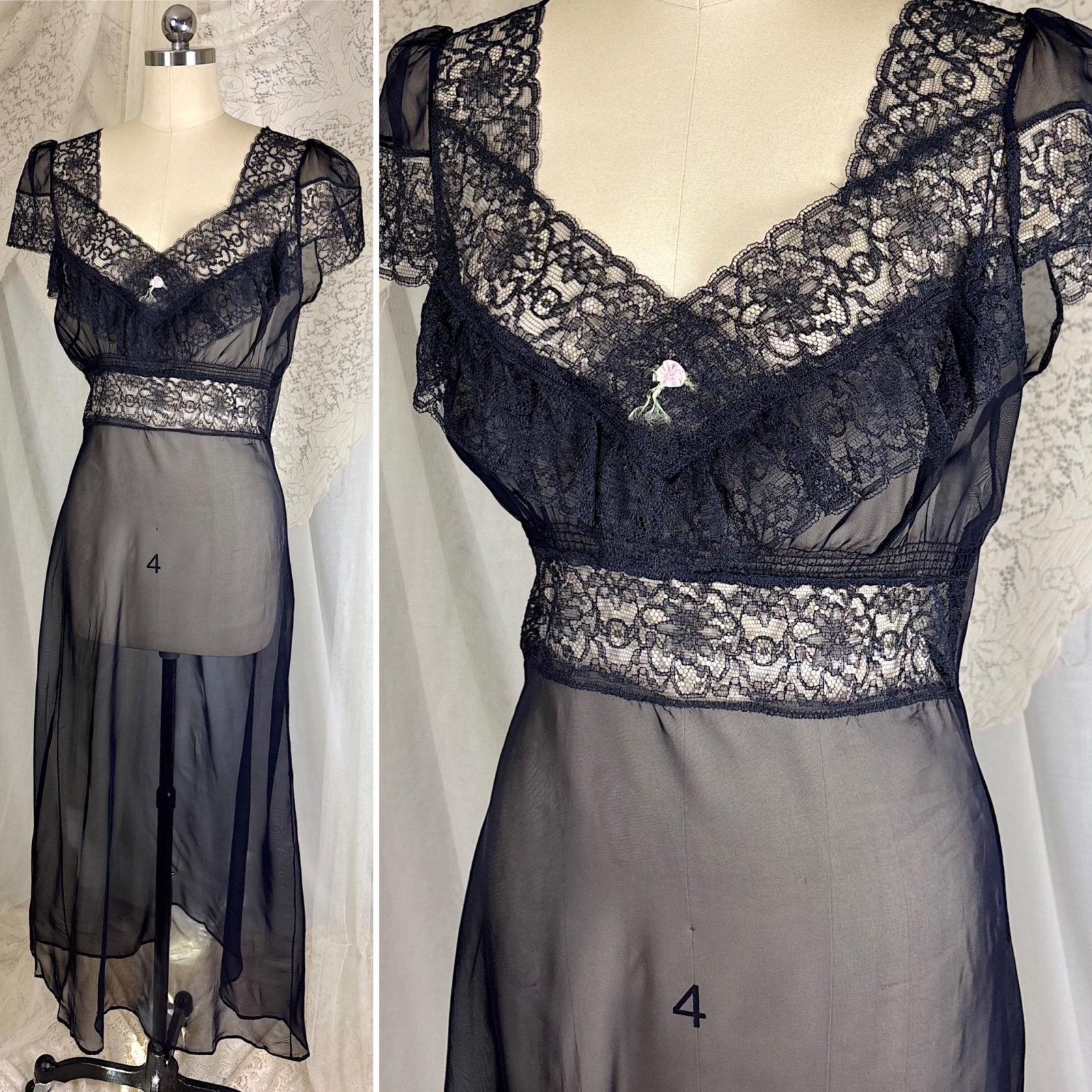 Vintage 1940's Sheer Black Rayon Chiffon Nightgown with Lace - Never Worn, Size S, M - Daggers & Dames