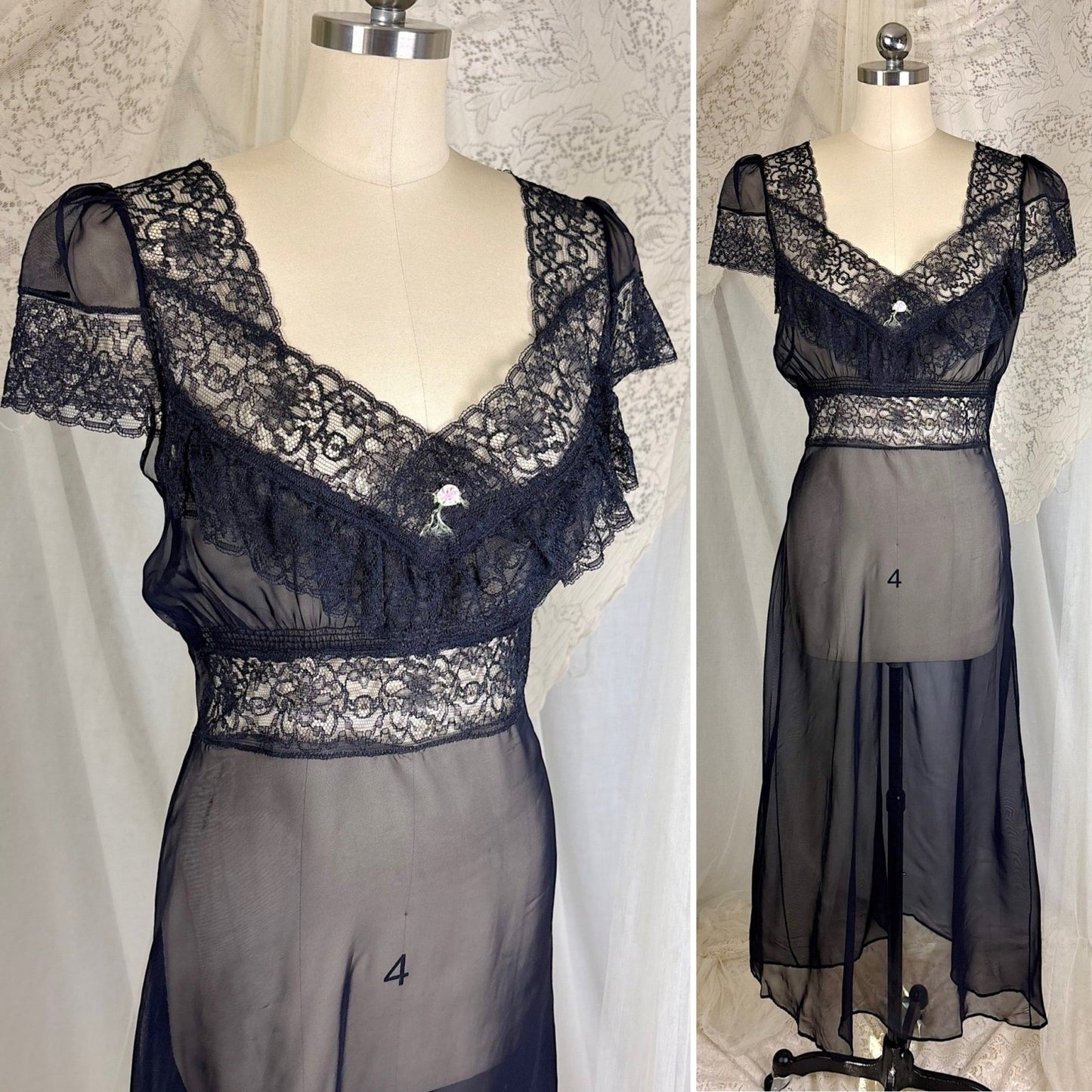 Vintage 1940's Sheer Black Rayon Chiffon Nightgown with Lace - Never Worn, Size S, M - Daggers & Dames