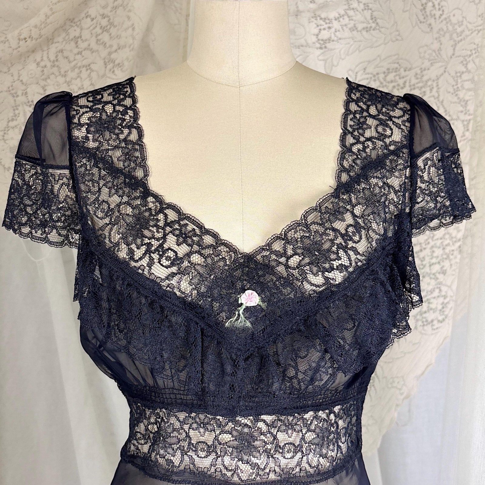 Vintage 1940's Sheer Black Rayon Chiffon Nightgown with Lace - Never Worn, Size S, M - Daggers & Dames