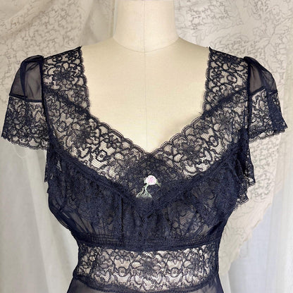 Vintage 1940's Sheer Black Rayon Chiffon Nightgown with Lace - Never Worn, Size S, M - Daggers & Dames