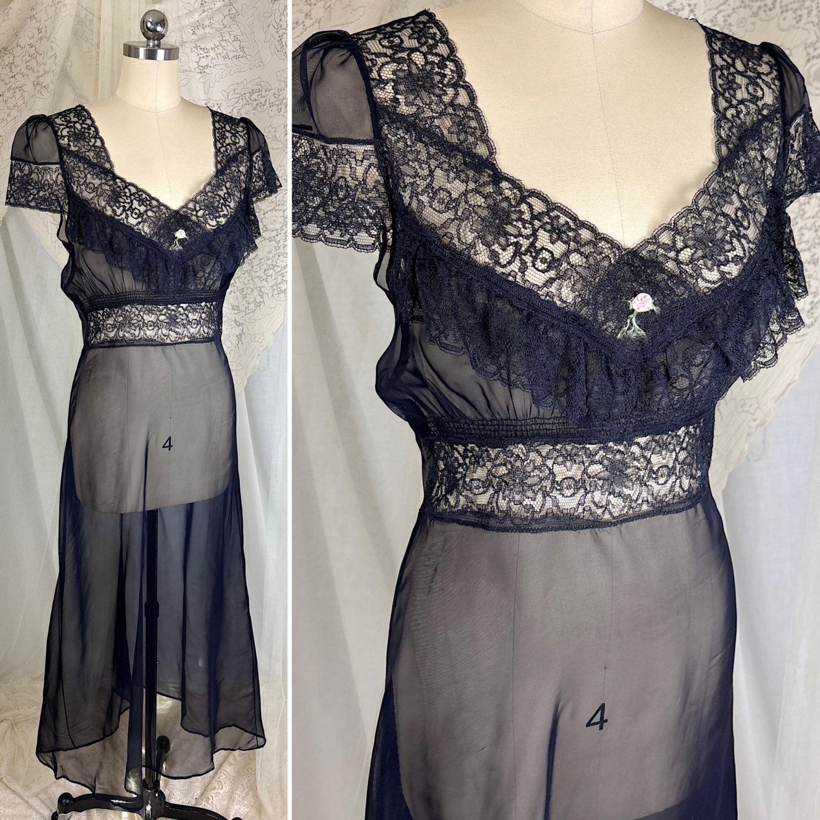 Vintage 1940's Sheer Black Rayon Chiffon Nightgown with Lace - Never Worn, Size S, M - Daggers & Dames