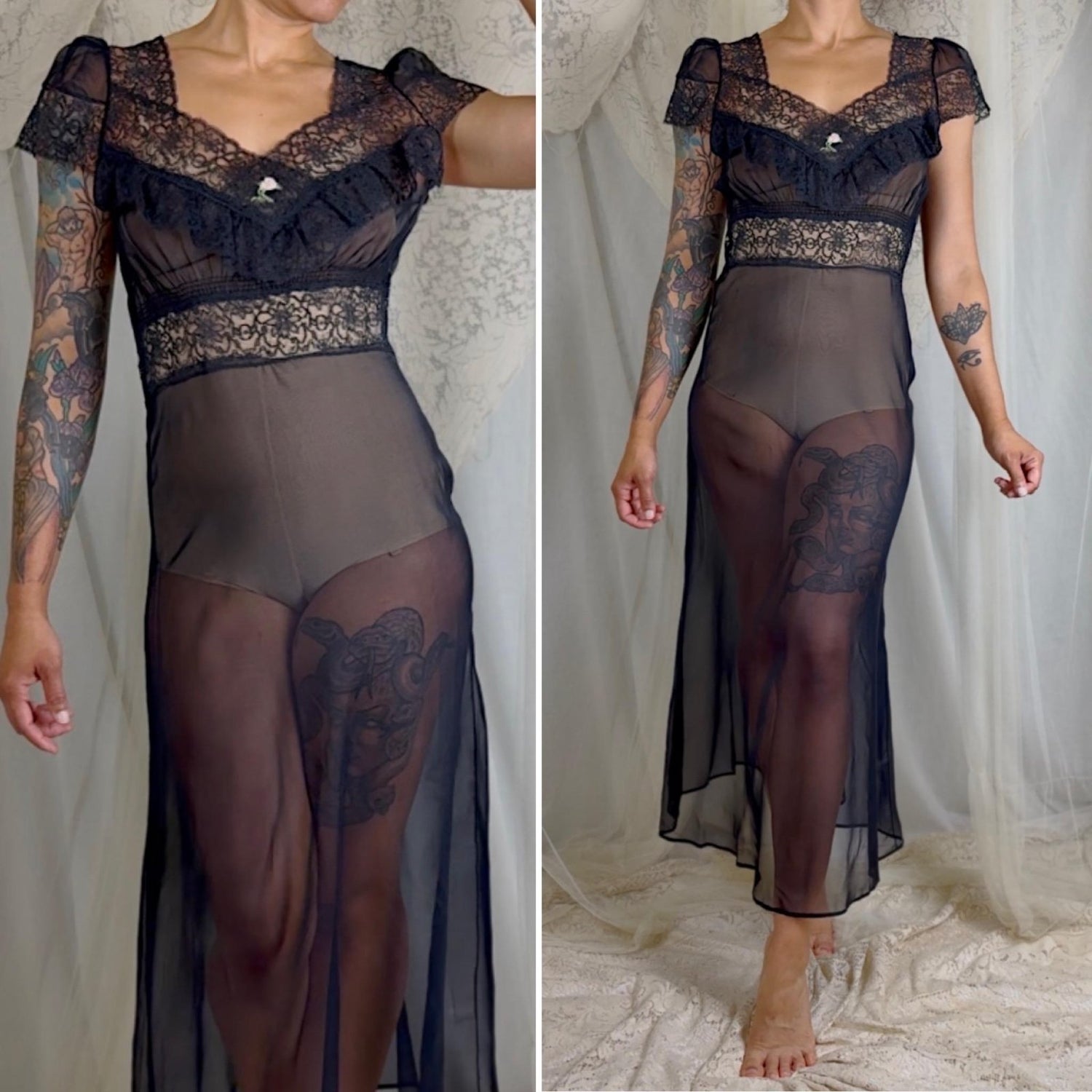 Vintage 1940's Sheer Black Rayon Chiffon Nightgown with Lace - Never Worn, Size S, M - Daggers & Dames