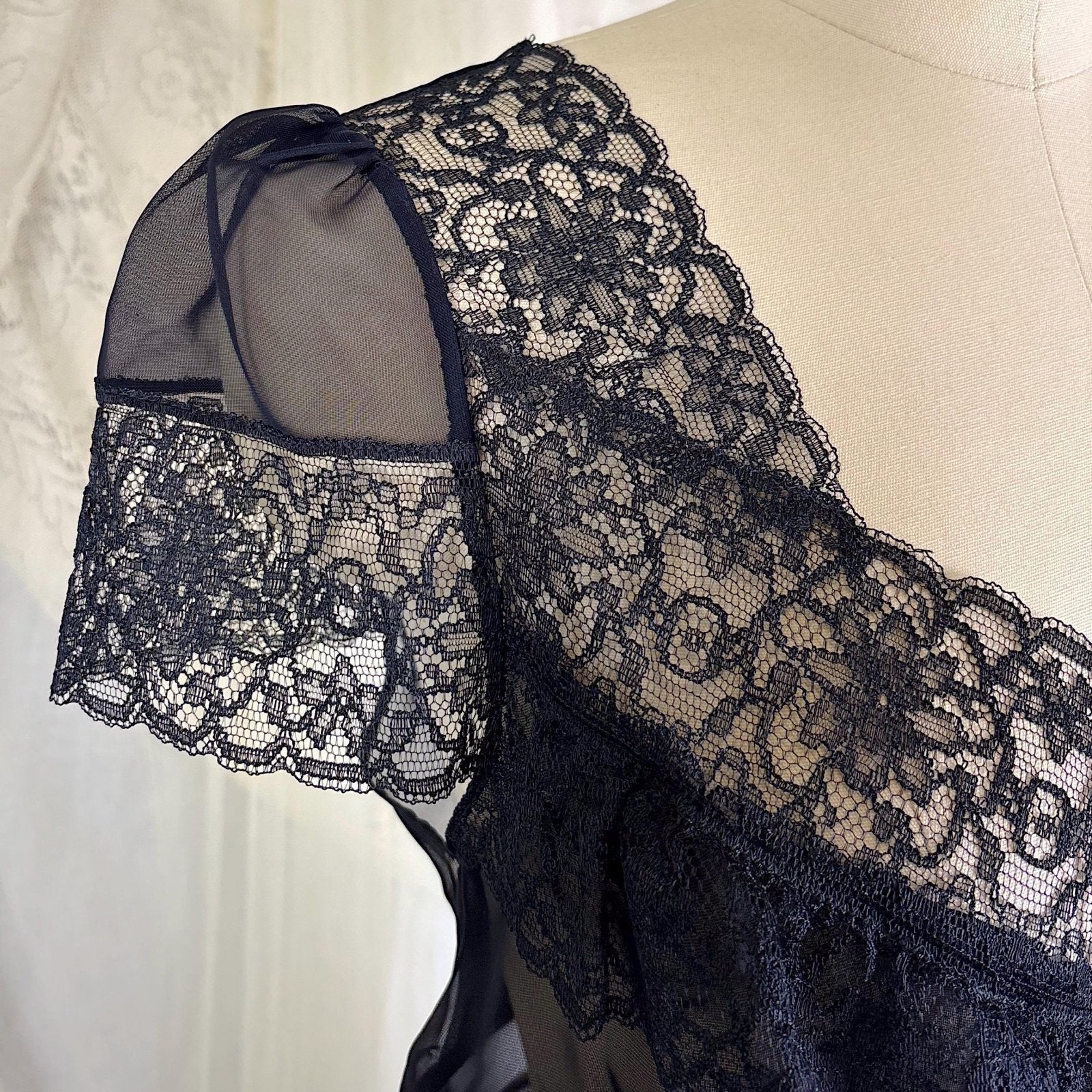 Vintage 1940's Sheer Black Rayon Chiffon Nightgown with Lace - Never Worn, Size S, M - Daggers & Dames