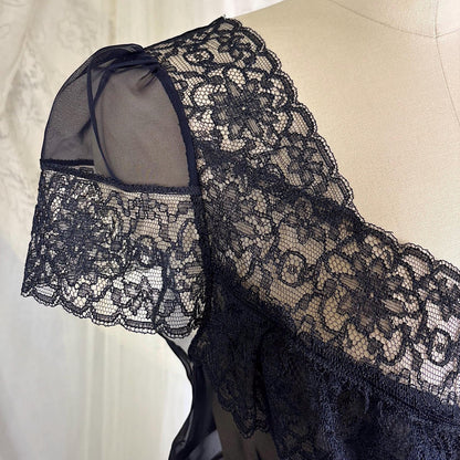 Vintage 1940's Sheer Black Rayon Chiffon Nightgown with Lace - Never Worn, Size S, M - Daggers & Dames
